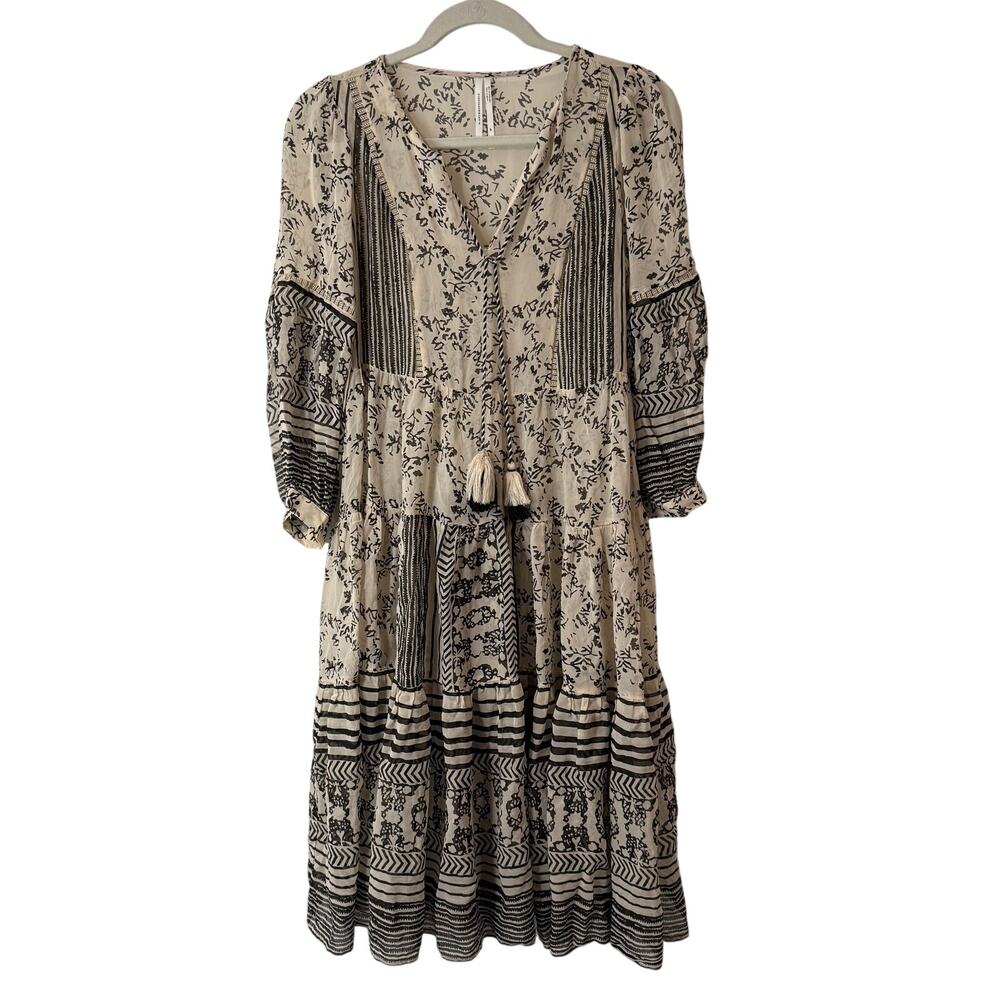 Anthropolgie‎ Women's Talulah Tiered Dress Midi Cream Black Print Small Pet